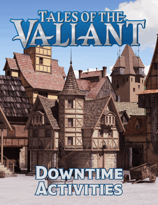 Tales of the Valiant: Downtime Activities. Medieval town with an inn and several taller buildings behind it. A well in the foreground, with an empty wheeled cart nearby with a barrel adjacent to it. Bright blue sky behind.