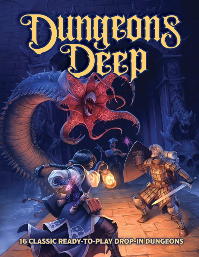 DUNGEONS DEEP: 16 Classic Ready-to-Play Drop-in Dungeons. A young female wizard with long black hair holds a lantern in one hand and a crystal in the other, side by side with a male warrior in splint armor holding a sword and shield. Both face a grick—a large serpent-like creature with a head opens like tentacles, with a large beak in the center.