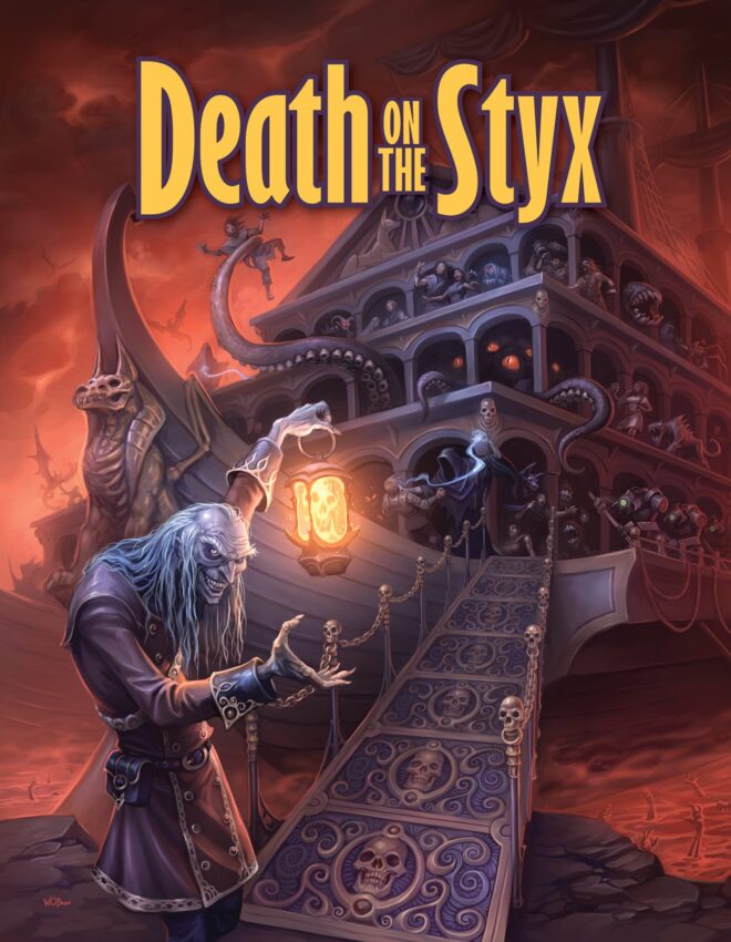 DEATH ON THE STYX adventure anthology from Kobold Press. A creepy, undead-looking man stands welcoming the viewer onto the gangplank leading up to a spooky-looking barge, with an ominous red sky in the background.