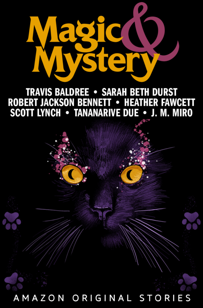 Cover for Magic & Mystery: an Amazon Original Stories Collection. A cat's face with eyes glowing with pink and white magic.